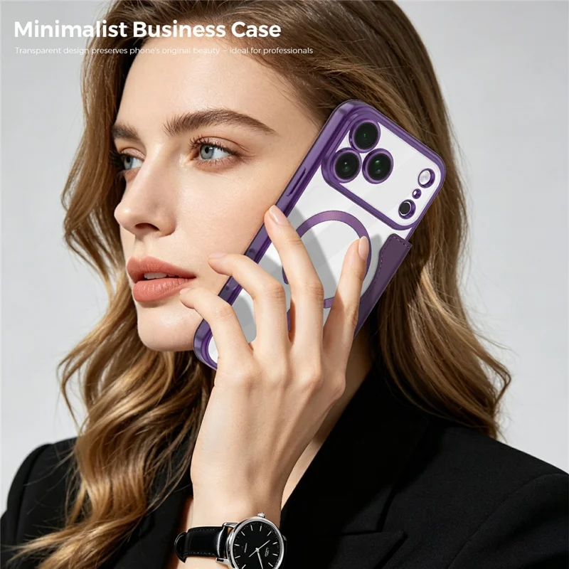 For iPhone 18 Pro Magnetic Case RFID Blocking Card Holder Leather Phone Cover with Lens Film - Dark Purple