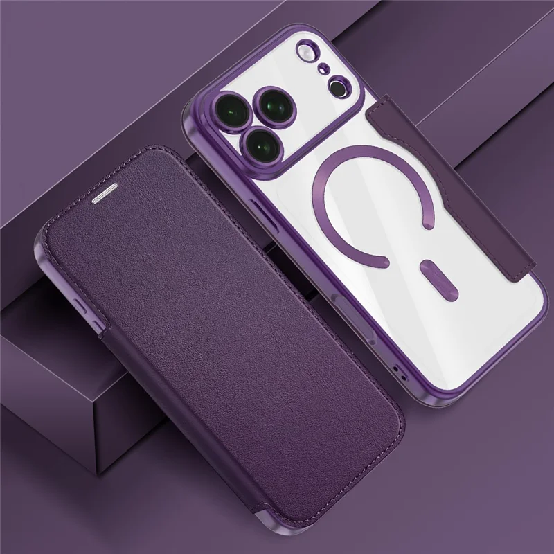 For iPhone 18 Pro Magnetic Case RFID Blocking Card Holder Leather Phone Cover with Lens Film - Dark Purple