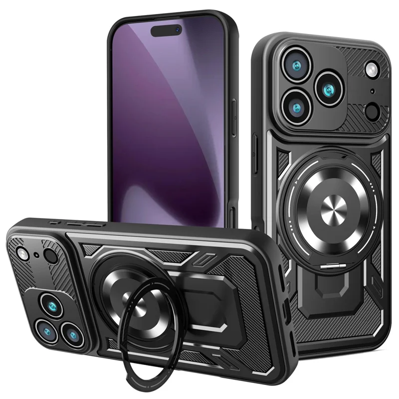 For iPhone 18 Pro Max Magnetisk Case med Roterende Stand TPU + PC Telefondæksel - Sort