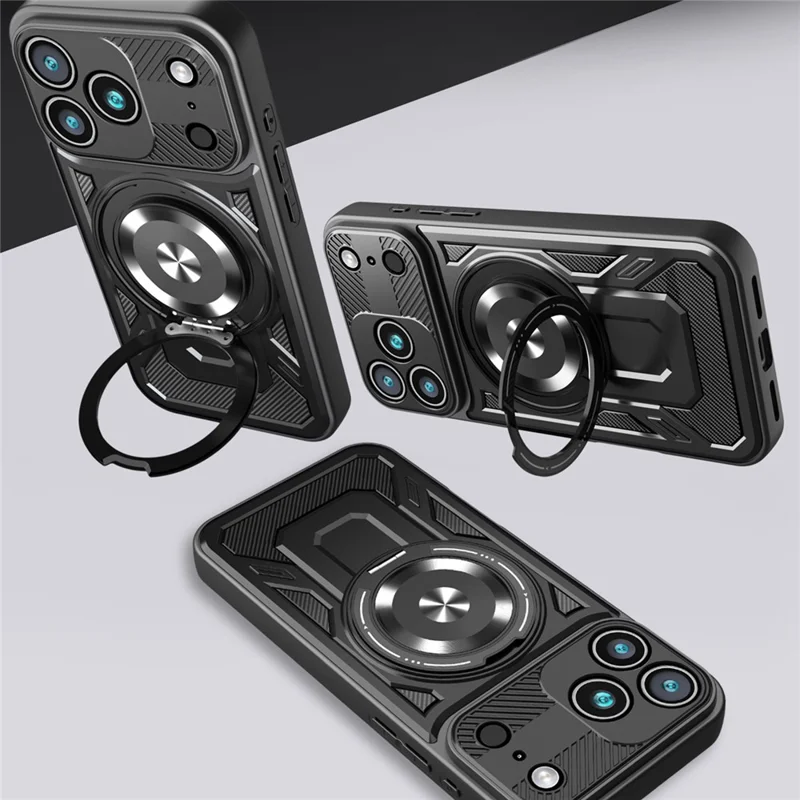 For iPhone 18 Pro Max Magnetisk Case med Roterende Stand TPU + PC Telefondæksel - Sort