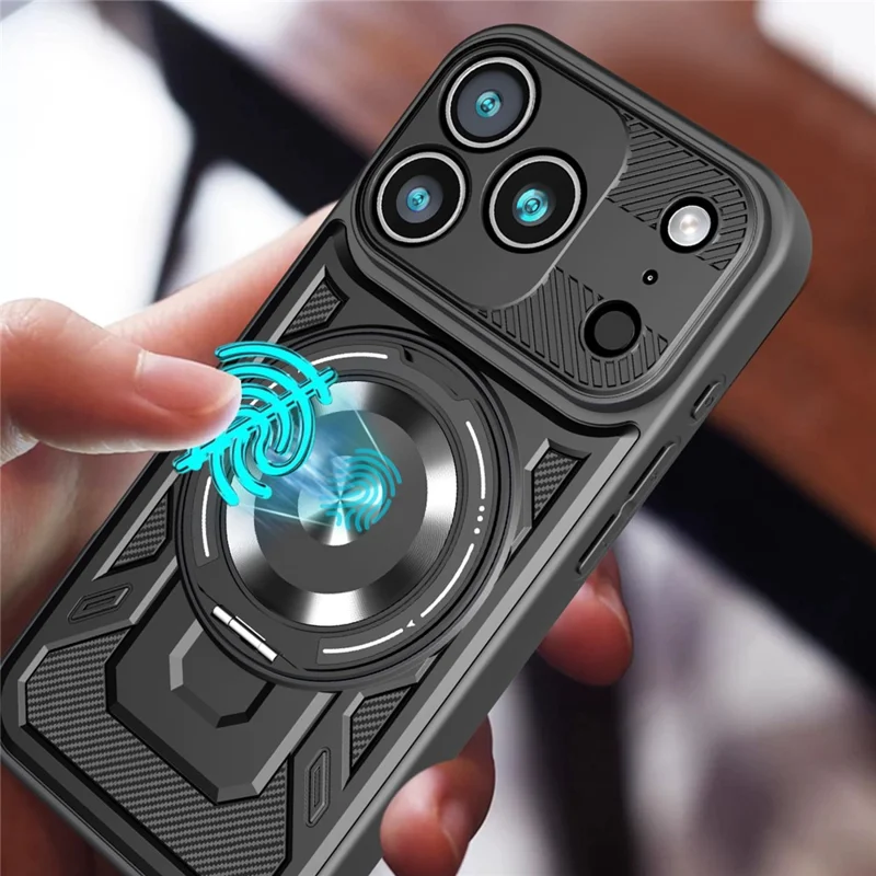 For iPhone 18 Pro Max Magnetisk Case med Roterende Stand TPU + PC Telefondæksel - Sort