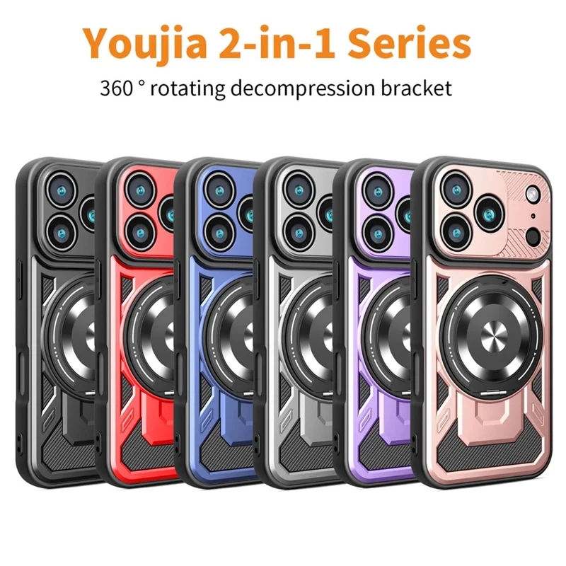 For iPhone 18 Pro Max Magnetisk Case med Roterende Stand TPU + PC Telefondæksel - Sort
