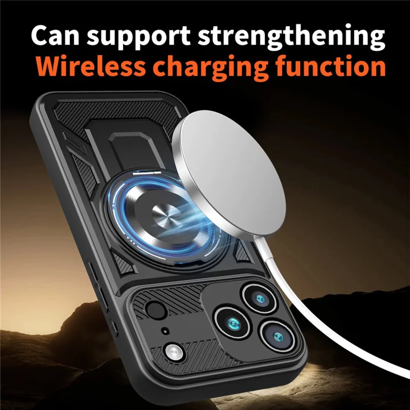 For iPhone 18 Pro Max Magnetisk Case med Roterende Stand TPU + PC Telefondæksel - Sort