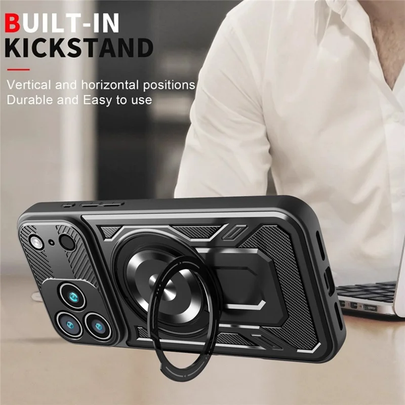 For iPhone 18 Pro Max Magnetisk Case med Roterende Stand TPU + PC Telefondæksel - Sort