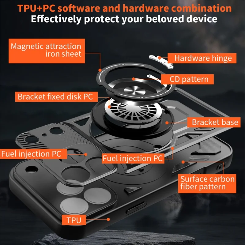 For iPhone 18 Pro Max Magnetisk Case med Roterende Stand TPU + PC Telefondæksel - Sort