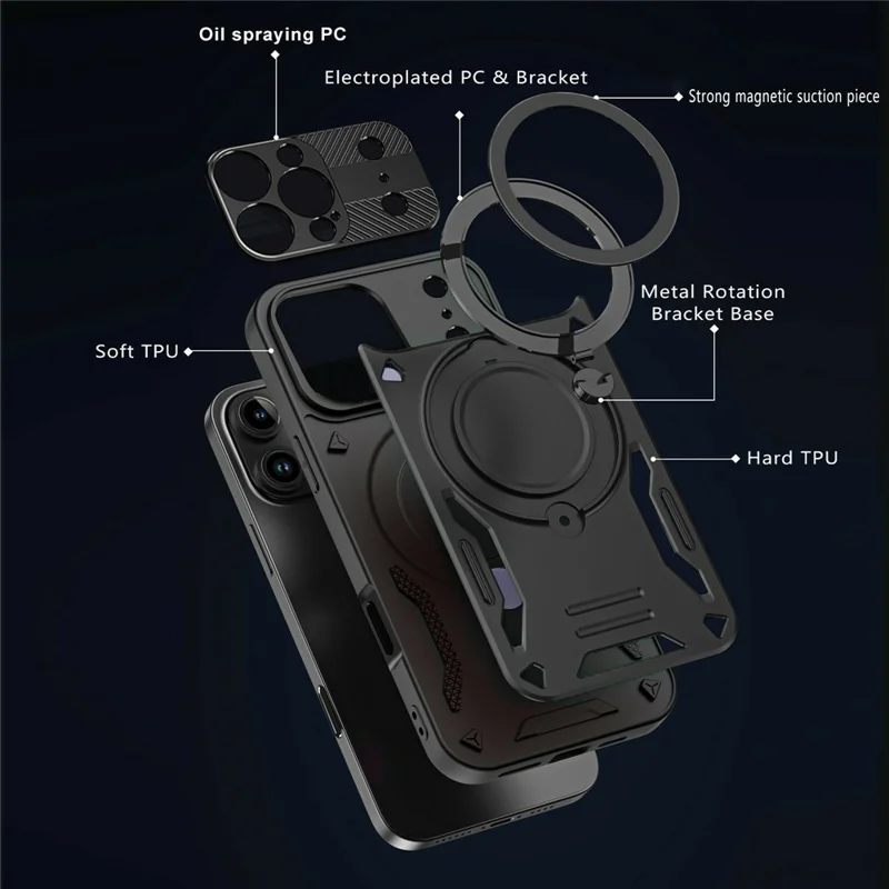 Magnetic Case For iPhone 18 Pro Max / 17 Pro Max Shockproof TPU + PC Phone Back Cover with Kickstand - Black