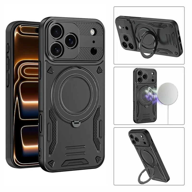 Magnetic Case For iPhone 18 Pro / 17 Pro Shockproof TPU + PC Phone Back Cover with Kickstand - Black