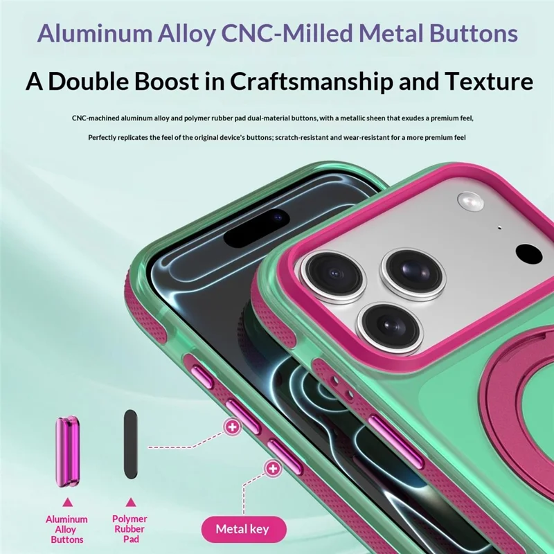 Til iPhone 18 Pro / 17 Pro Case med roterende magnetisk stander, mat PC+TPU+TPE stødfast telefonbeskyttelse - Grøn