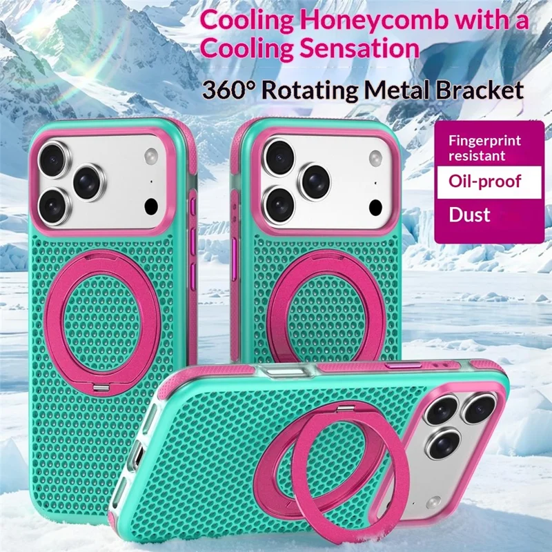For iPhone 18 Pro Max / 17 Pro Max Case Magnetic Kickstand PC+TPU+TPE Honeycomb Cooling Phone Cover - Green