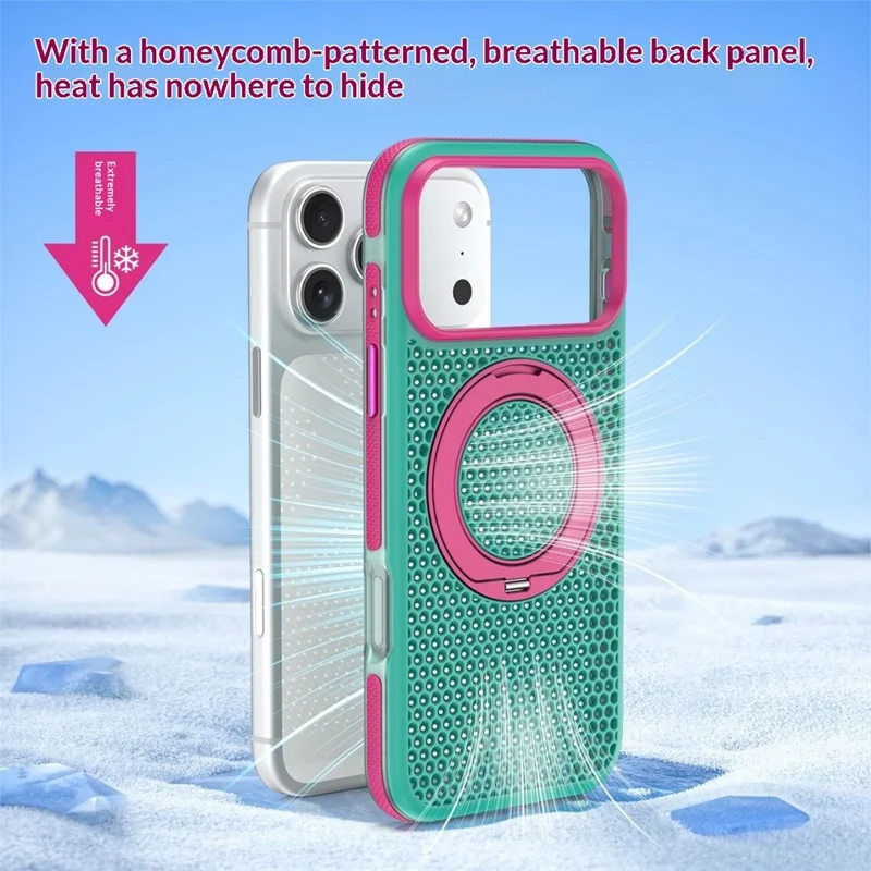 For iPhone 18 Pro Max / 17 Pro Max Case Magnetic Kickstand PC+TPU+TPE Honeycomb Cooling Phone Cover - Green