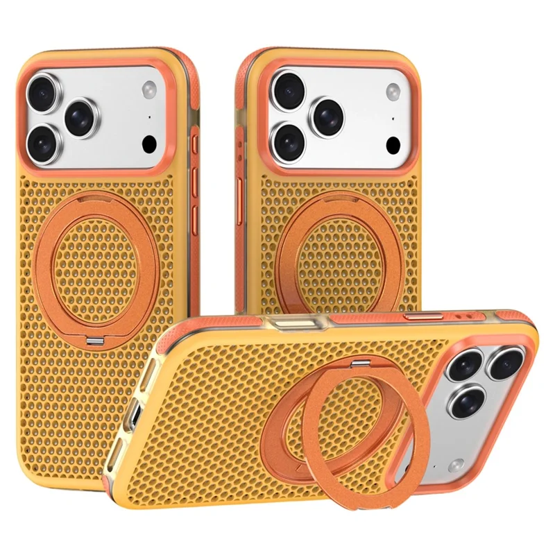 For iPhone 18 Pro Max / 17 Pro Max Case Magnetic Kickstand PC+TPU+TPE Honeycomb Cooling Phone Cover - Yellow