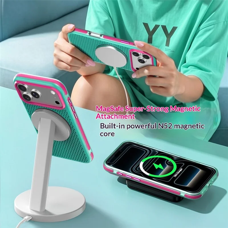 For iPhone 18 Pro / 17 Pro Case Magnetic Kickstand PC+TPU+TPE Honeycomb Cooling Phone Cover - Green