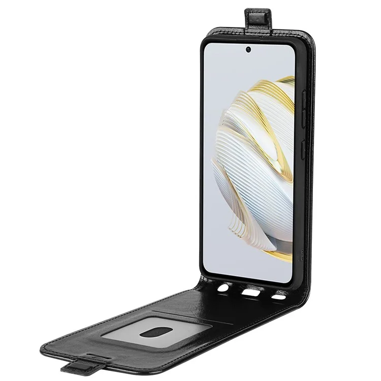 For Huawei nova 10 SE 4G Vertical Flip Crazy Horse Texture PU Leather Phone Case Card Holder Magnetic Clasp Full Protection Cell Phone Cover - Black