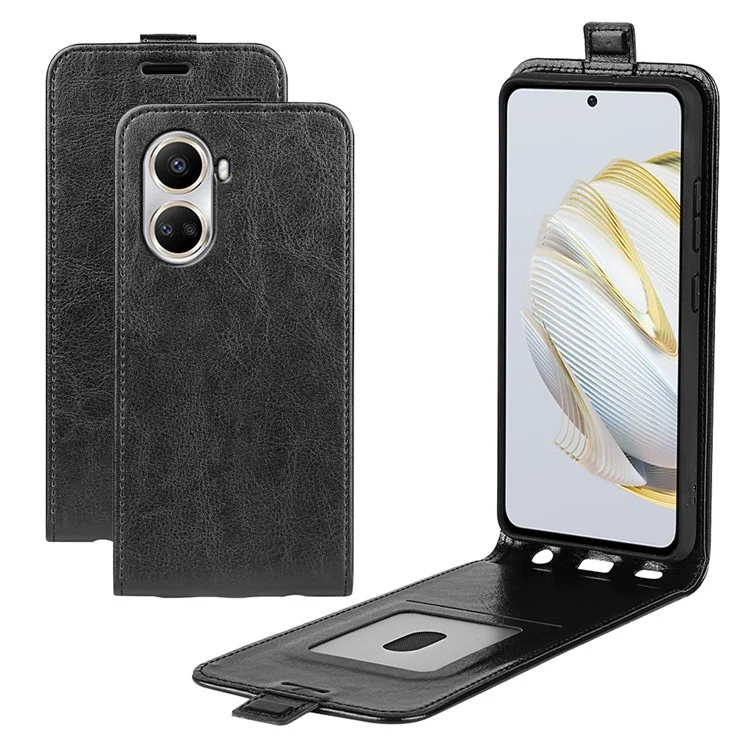 For Huawei nova 10 SE 4G Vertical Flip Crazy Horse Texture PU Leather Phone Case Card Holder Magnetic Clasp Full Protection Cell Phone Cover - Black