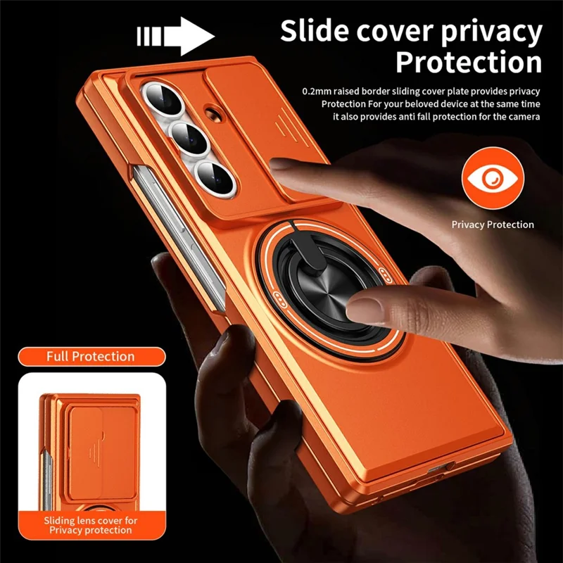 For Samsung Galaxy Z Fold8 Ultra Magnetic Case Ring Holder Foldable Kickstand PC Phone Cover with Camera Lens Slider - Orange