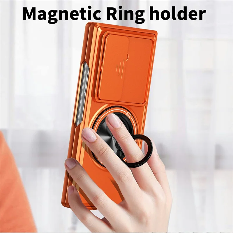 For Samsung Galaxy Z Fold8 Ultra Magnetic Case Ring Holder Foldable Kickstand PC Phone Cover with Camera Lens Slider - Orange