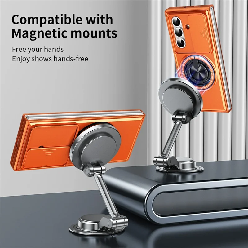 For Samsung Galaxy Z Fold8 Ultra Magnetic Case Ring Holder Foldable Kickstand PC Phone Cover with Camera Lens Slider - Orange
