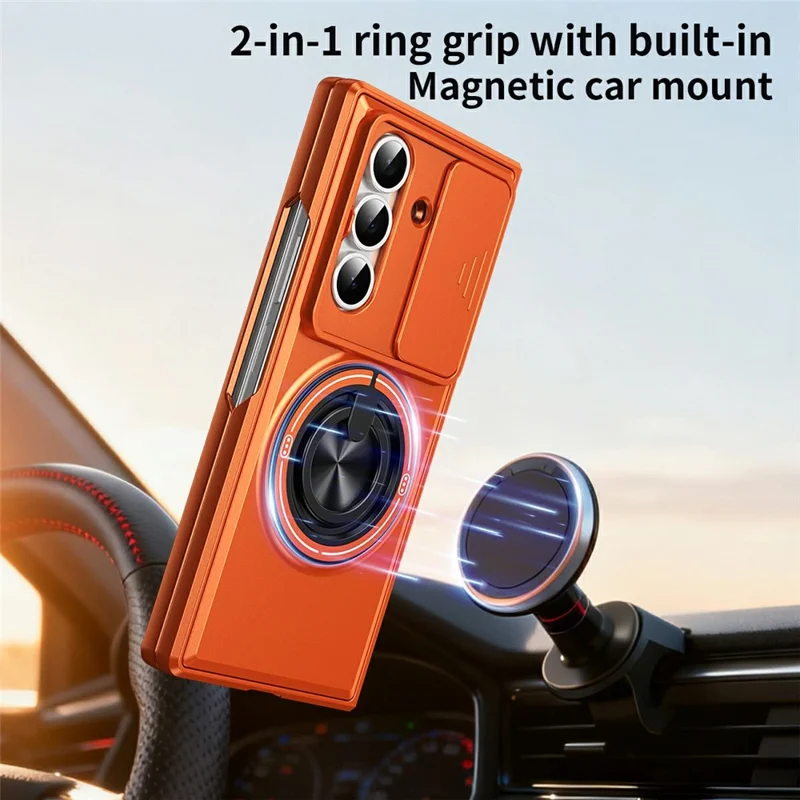 For Samsung Galaxy Z Fold8 Ultra Magnetic Case Ring Holder Foldable Kickstand PC Phone Cover with Camera Lens Slider - Orange