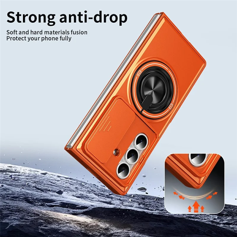For Samsung Galaxy Z Fold8 Ultra Magnetic Case Ring Holder Foldable Kickstand PC Phone Cover with Camera Lens Slider - Orange