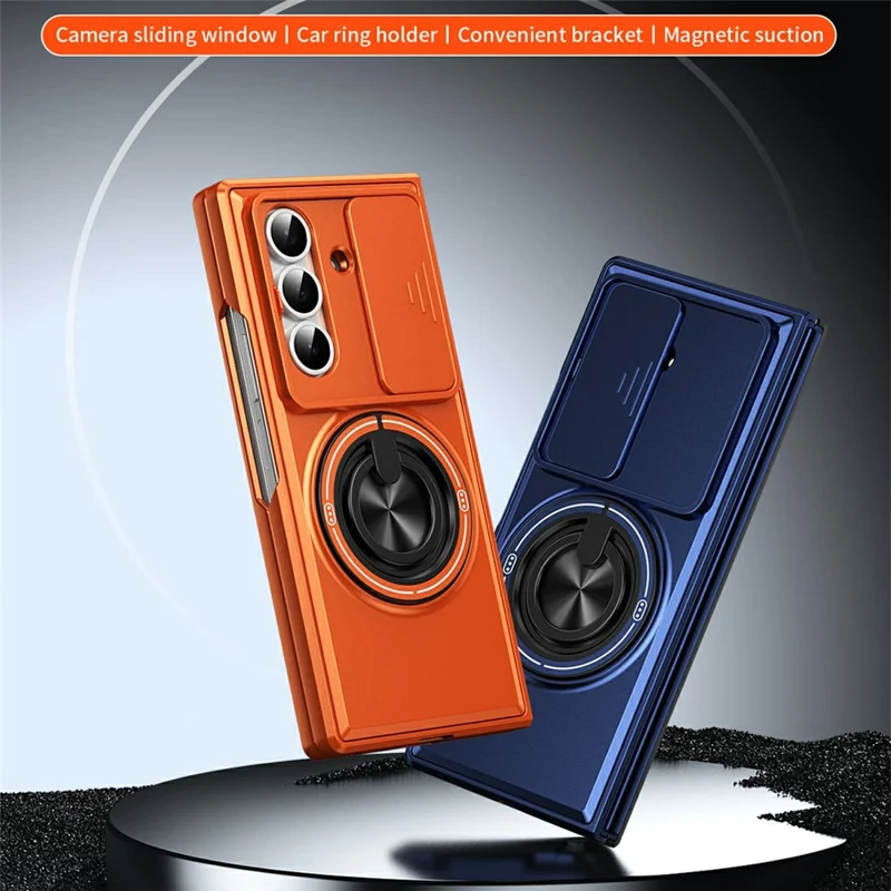For Samsung Galaxy Z Fold8 Ultra Magnetic Case Ring Holder Foldable Kickstand PC Phone Cover with Camera Lens Slider - Orange