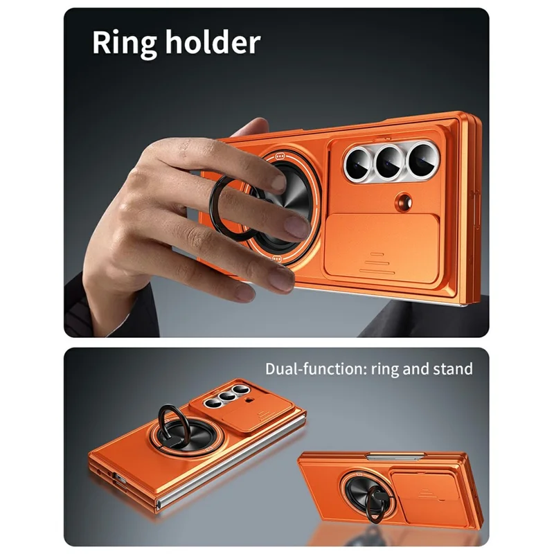 For Samsung Galaxy Z Fold8 Ultra Magnetic Case Ring Holder Foldable Kickstand PC Phone Cover with Camera Lens Slider - Orange