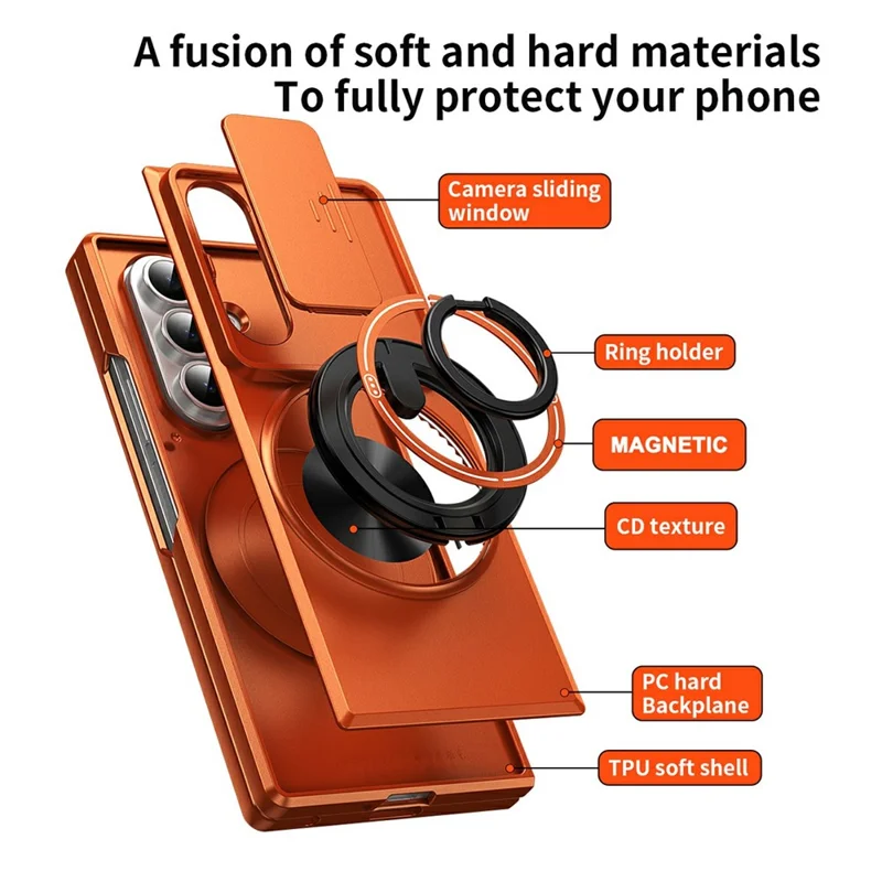 For Samsung Galaxy Z Fold8 Ultra Magnetic Case Ring Holder Foldable Kickstand PC Phone Cover with Camera Lens Slider - Orange