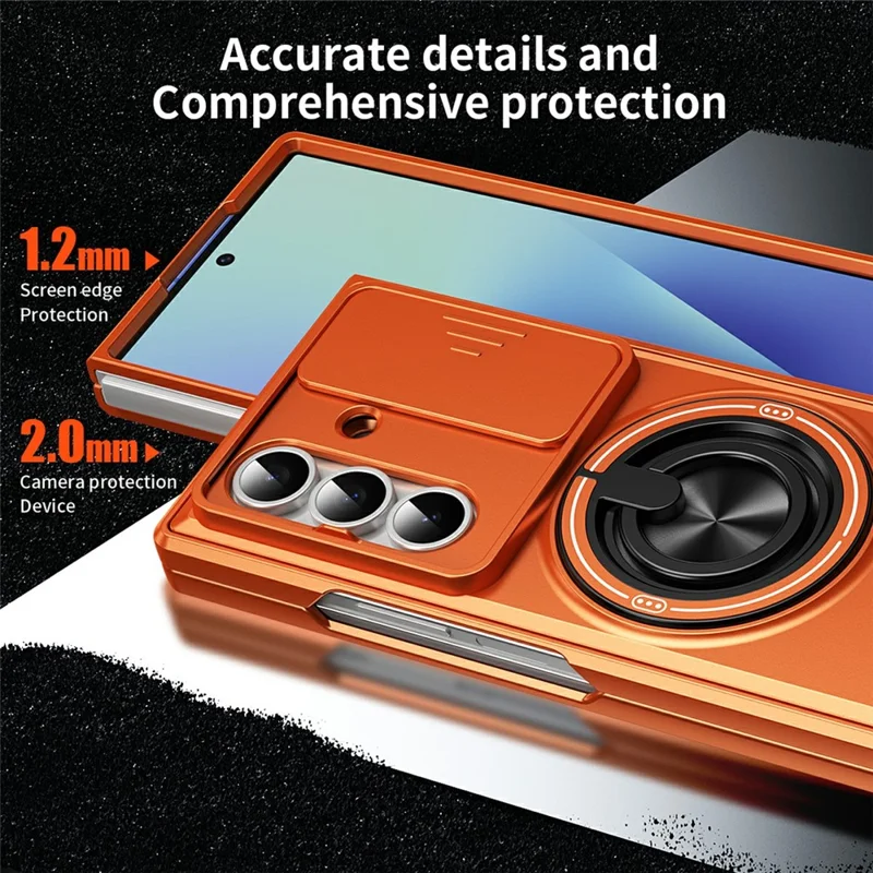 For Samsung Galaxy Z Fold8 Ultra Magnetic Case Ring Holder Foldable Kickstand PC Phone Cover with Camera Lens Slider - Orange