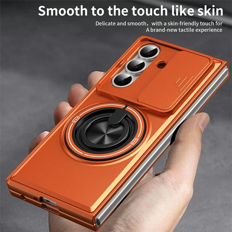 For Samsung Galaxy Z Fold8 Ultra Magnetic Case Ring Holder Foldable Kickstand PC Phone Cover with Camera Lens Slider - Orange