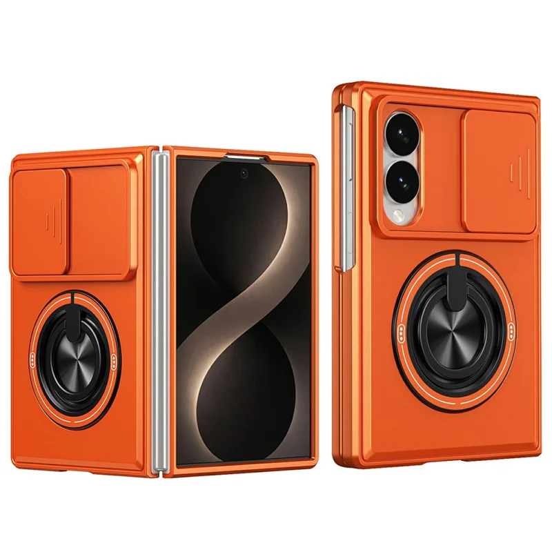 For Samsung Galaxy Z Fold8 Magnetic Case Ring Holder Foldable Kickstand PC Phone Cover with Camera Lens Slider - Orange
