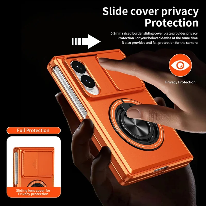 For Samsung Galaxy Z Fold8 Magnetic Case Ring Holder Foldable Kickstand PC Phone Cover with Camera Lens Slider - Orange