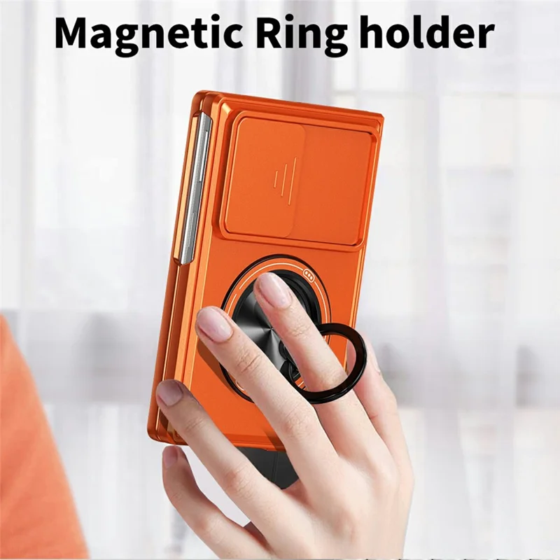 For Samsung Galaxy Z Fold8 Magnetic Case Ring Holder Foldable Kickstand PC Phone Cover with Camera Lens Slider - Orange