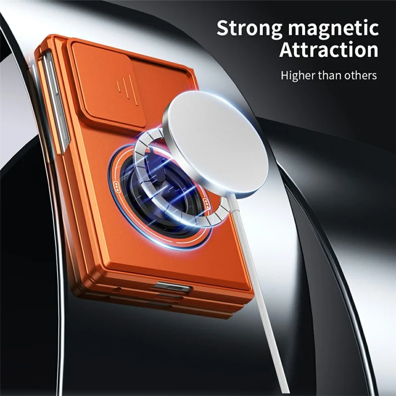 For Samsung Galaxy Z Fold8 Magnetic Case Ring Holder Foldable Kickstand PC Phone Cover with Camera Lens Slider - Orange