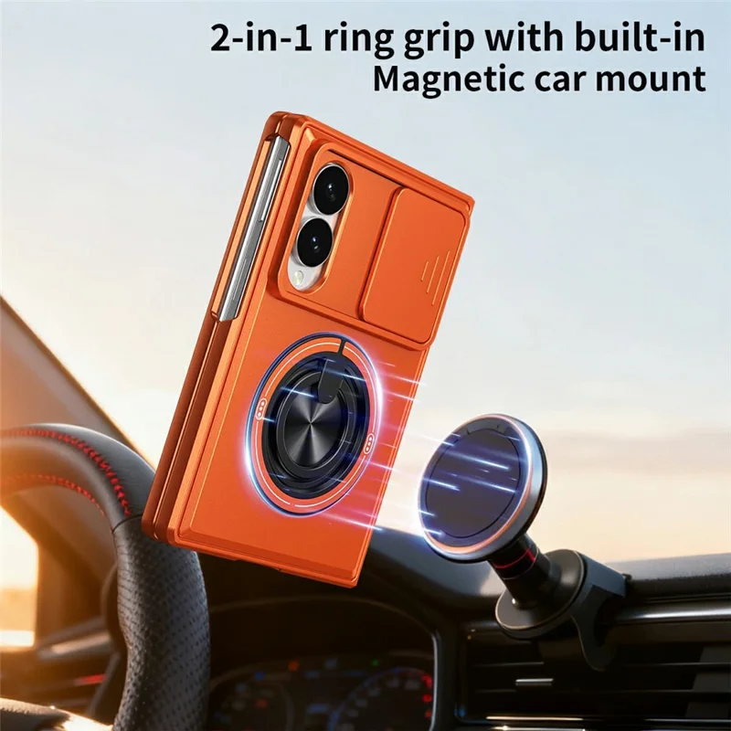 For Samsung Galaxy Z Fold8 Magnetic Case Ring Holder Foldable Kickstand PC Phone Cover with Camera Lens Slider - Orange