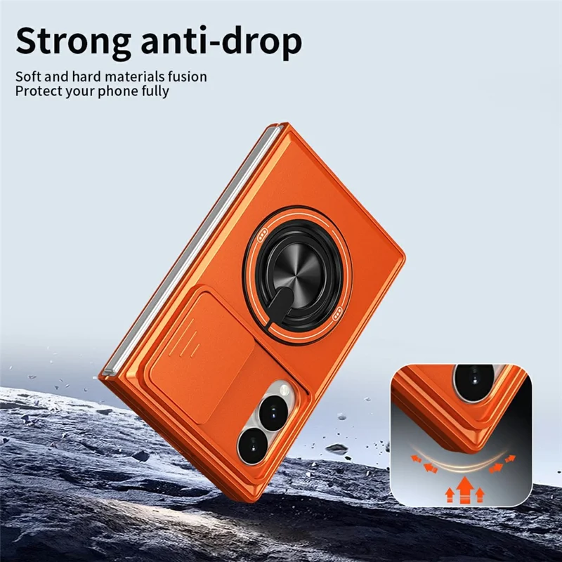 For Samsung Galaxy Z Fold8 Magnetic Case Ring Holder Foldable Kickstand PC Phone Cover with Camera Lens Slider - Orange