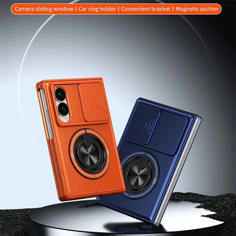 For Samsung Galaxy Z Fold8 Magnetic Case Ring Holder Foldable Kickstand PC Phone Cover with Camera Lens Slider - Orange