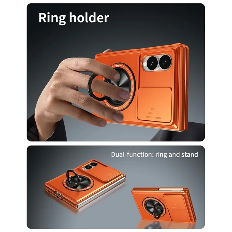For Samsung Galaxy Z Fold8 Magnetic Case Ring Holder Foldable Kickstand PC Phone Cover with Camera Lens Slider - Orange