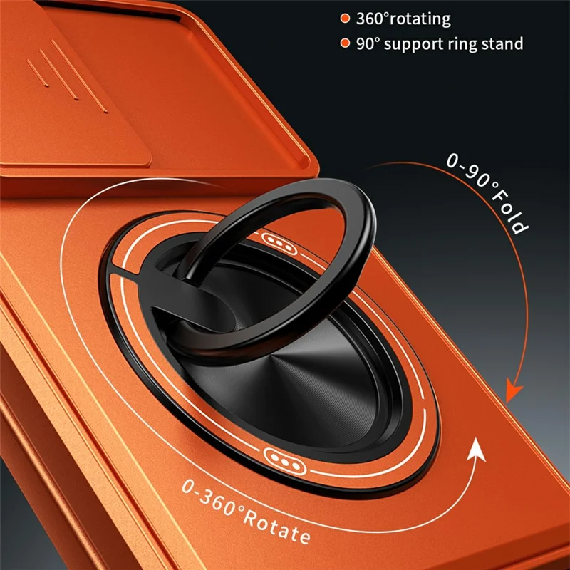 For Samsung Galaxy Z Fold8 Magnetic Case Ring Holder Foldable Kickstand PC Phone Cover with Camera Lens Slider - Orange