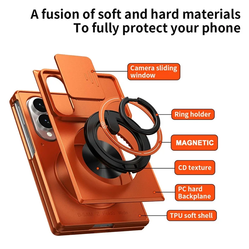 For Samsung Galaxy Z Fold8 Magnetic Case Ring Holder Foldable Kickstand PC Phone Cover with Camera Lens Slider - Orange