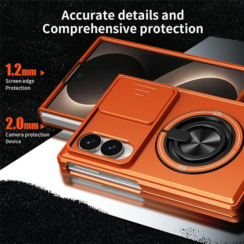 For Samsung Galaxy Z Fold8 Magnetic Case Ring Holder Foldable Kickstand PC Phone Cover with Camera Lens Slider - Orange