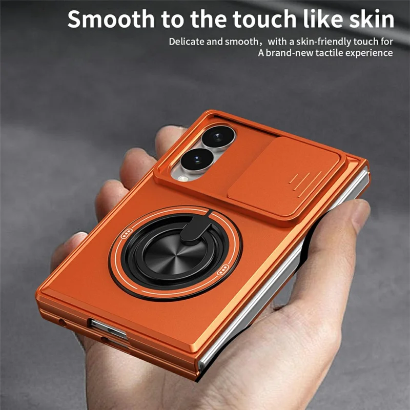 For Samsung Galaxy Z Fold8 Magnetic Case Ring Holder Foldable Kickstand PC Phone Cover with Camera Lens Slider - Orange