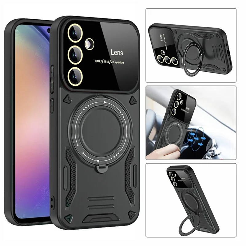 For Samsung Galaxy A27 5G Magnetic Case Rotating Kickstand PC + TPU Phone Cover - Black
