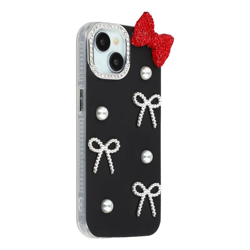 For iPhone 13 Case Pearl Bow Decor PC + TPU IMD Phone Cover with Rhinestone Camera Ring - Classic Black