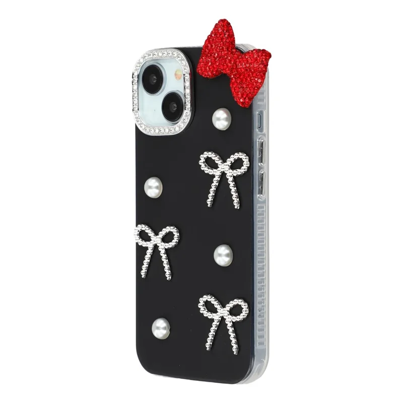For iPhone 13 Case Pearl Bow Decor PC + TPU IMD Phone Cover with Rhinestone Camera Ring - Classic Black