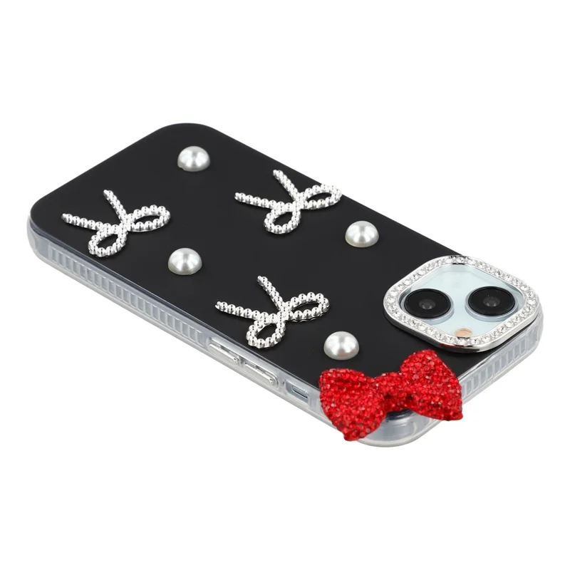 For iPhone 13 Case Pearl Bow Decor PC + TPU IMD Phone Cover with Rhinestone Camera Ring - Classic Black