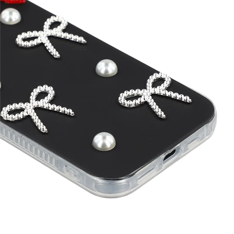 For iPhone 13 Case Pearl Bow Decor PC + TPU IMD Phone Cover with Rhinestone Camera Ring - Classic Black