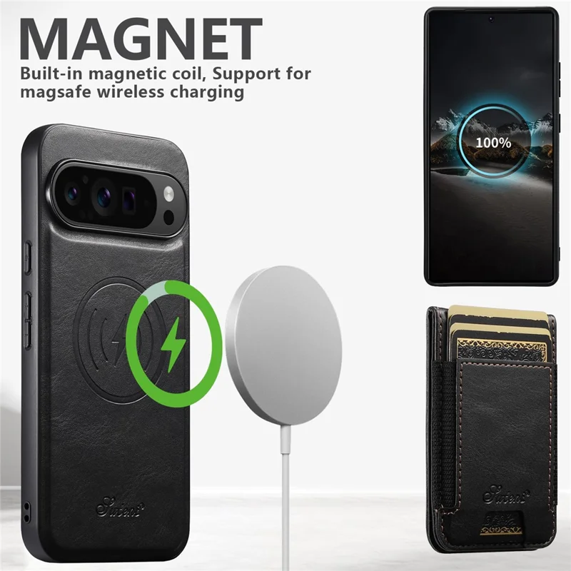 SUTENI For Google Pixel 11 Magnetic Case Card Holder Kickstand Phone Cover - Black