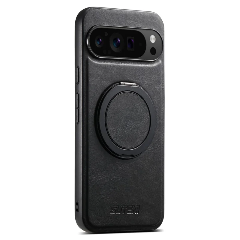 SUTENI G3 For Google Pixel 11 Pro Magnetic Case Waxy Texture Rotating Kickstand Leather Phone Back Cover - Black