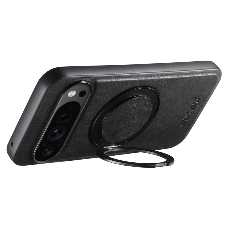 SUTENI G3 For Google Pixel 11 Pro Magnetic Case Waxy Texture Rotating Kickstand Leather Phone Back Cover - Black