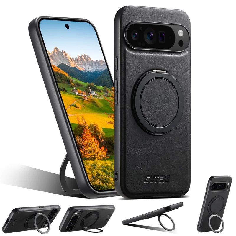 SUTENI G3 For Google Pixel 11 Pro Magnetic Case Waxy Texture Rotating Kickstand Leather Phone Back Cover - Black