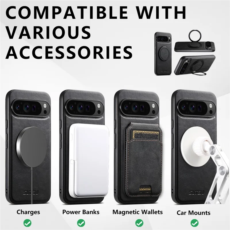 SUTENI G3 For Google Pixel 11 Pro Magnetic Case Waxy Texture Rotating Kickstand Leather Phone Back Cover - Black